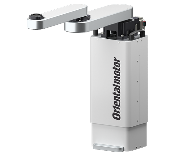 配有三爪机械手的白色电动升降装置，印有Oriental Motor标志